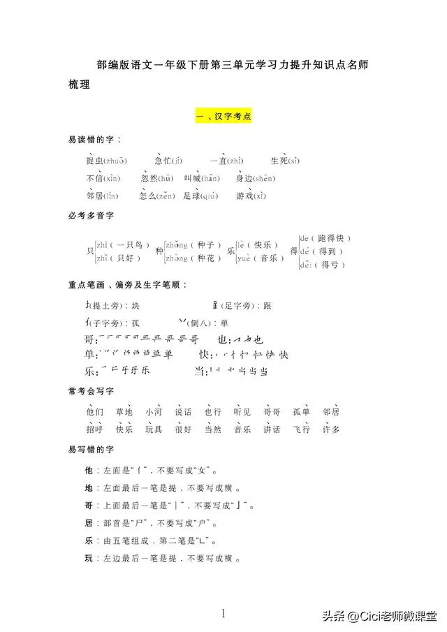 統編語文一年級下冊，第三單元知識點梳理（統編語文一年級下冊）