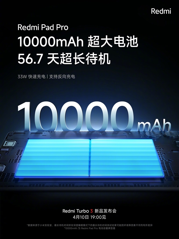 待機(jī)時(shí)長56.7天！Redmi Pad Pro內(nèi)置10000mAh電池 支持33W快充
