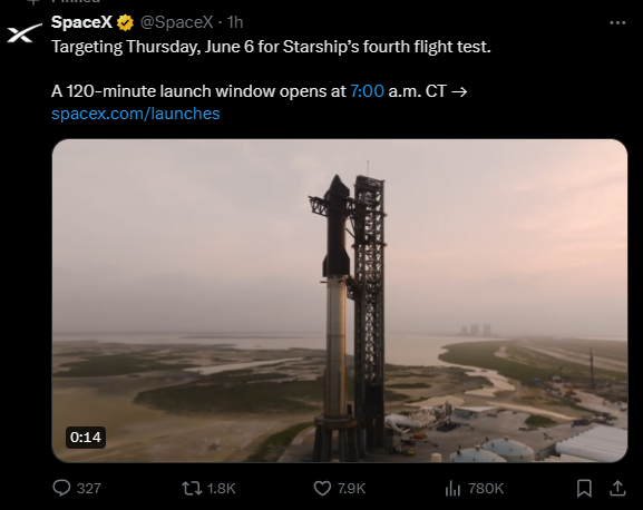 人類史上強火箭！馬斯克SpaceX宣布星艦明晚第4次試飛
