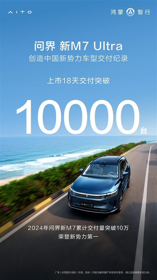 2024年暢銷新勢力SUV！問界新M7 Ultra上市18天交付超萬臺