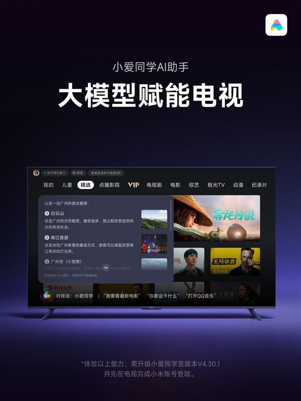 小米電視小愛同學(xué)升級大模型版！1GB以上內(nèi)存都能用：支持影視問答等
