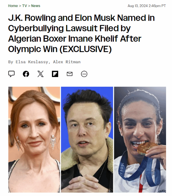 拿下奧運(yùn)會(huì)金牌！性別爭議拳手起訴馬斯克、JK羅琳：開始打擊網(wǎng)絡(luò)暴力