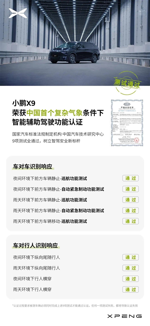 中國首個！小鵬X9完成復(fù)雜氣象條件下輔助駕駛認(rèn)證