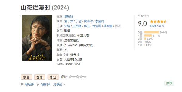 2024年國產(chǎn)電視劇最高分！《山花爛漫時》豆瓣開分9.0：根據(jù)張桂梅事跡改編