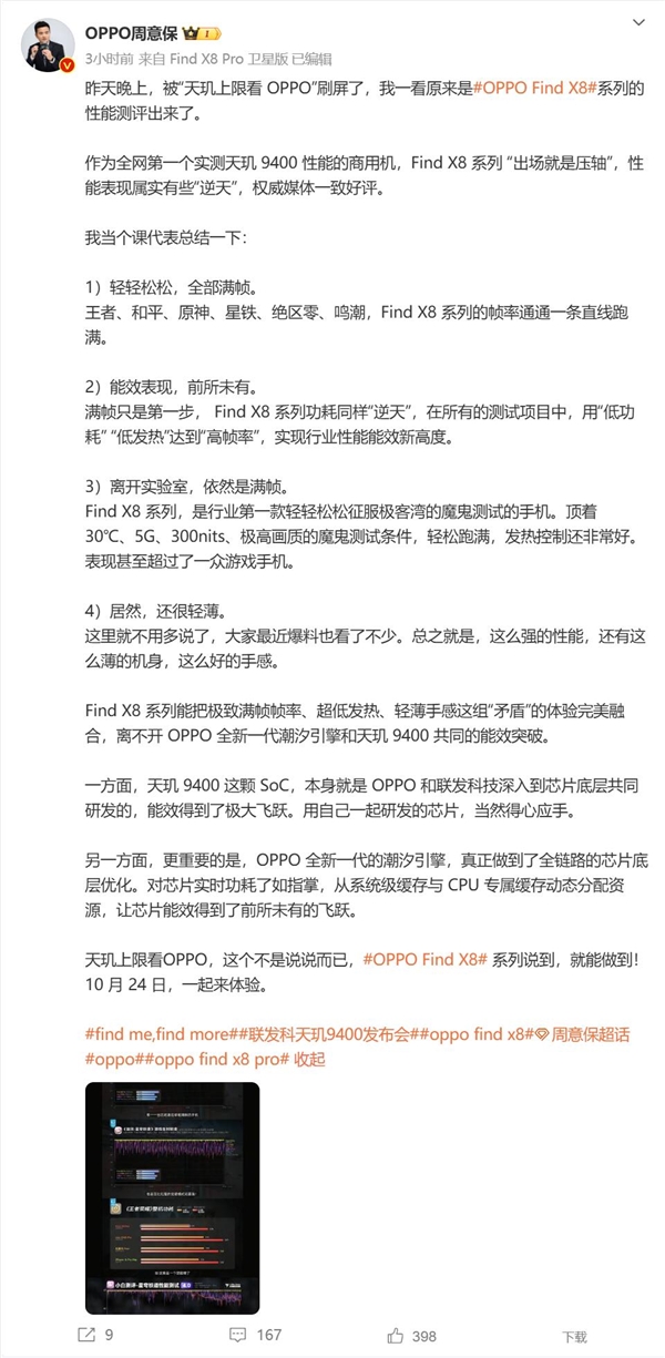 OPPO聯(lián)發(fā)科聯(lián)合研發(fā)天璣9400：魔鬼測(cè)試條件下依然能跑滿幀