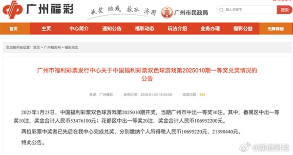 新年潑天運(yùn)氣！廣州兩彩民中獎(jiǎng)1.6億已兌獎(jiǎng) 納稅3000多萬(wàn)網(wǎng)友羨慕